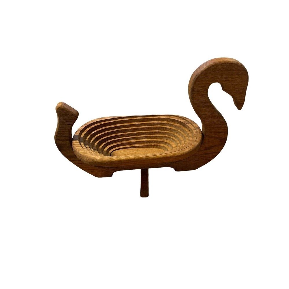 Vintage Collapsible Spiral Cut Wooden Basket or Trivet in the Shape of a Goose - Picture 3 of 8